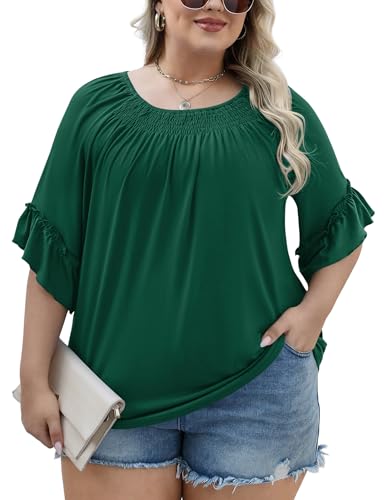 Image of Micoson Womens Plus Size Tops 3 /4 Ruffle Sleeve Crewneck Pleated Shirts