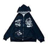 Cuteighteen Kawaii Anime Katzenohren Reißverschluss Hoodie Y2k Fleecejacke Frauen Cutecore Kleidung Harajuku Grafik Oversized Sweatshirt, Schwarz, S