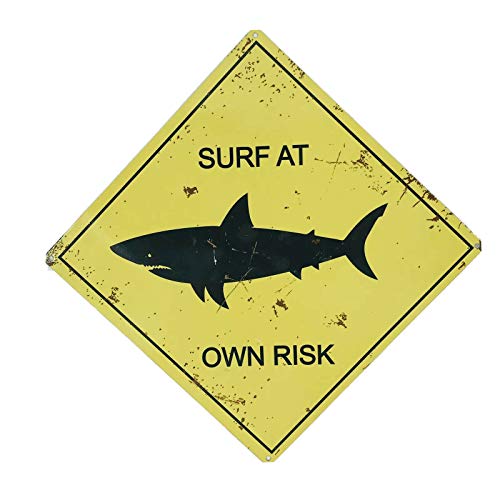 BCTS Surf At Own Risk Plaque en métal Motif requin Jaune vieilli 30,5 x 30,5 cm