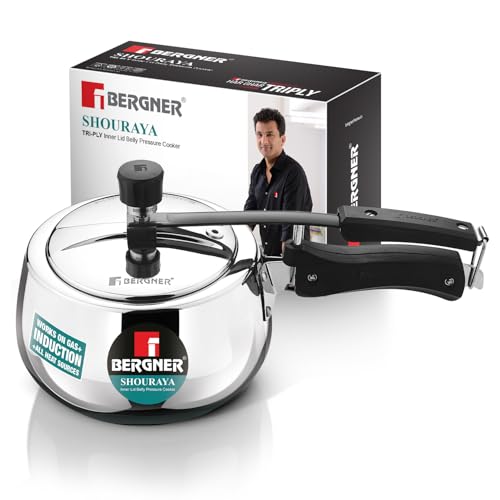 Image of Bergner Shouraya Triply Stainless Steel 1.5 Litres Inner Lid Pressure Cooker, Belly Shape, Faster and Even Heat Distribution, Healthy Cooking, ISI-Certified - Induction and Gas Stove Ready