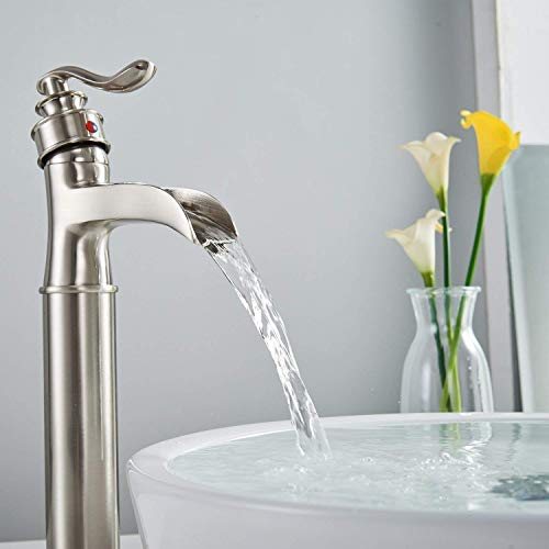 Bathroom Faucet Brushed Nickel Vessel Sink Faucet Bath Waterfall Spout Single Handle Single Hole Commercial With Pop Up Drain None Overflow Tall Basin Mixer Tap Deck Mount Supply Hose Lines Lead-Free #TOP3
