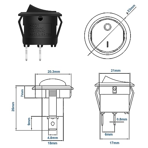 5 Stück Kippschalter Rund, Hanibos Mini 2 Polig Wippschalter ON/OFF Einrastbare mit Selbsthemmung Runde Schalter 10A/125V 6A/250V Schwarz für Auto Boot Haushaltsgeräte