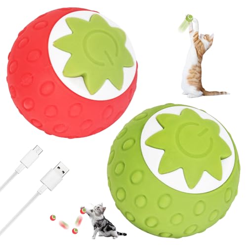 Wreyng 2Pcs Self-Moving Electric Cat Toy Ball with LED - Automatic Interactive Cat Toys for Indoor Cats, Smart Strawberry Design Stimulates Hunting Instincts, Boredom Relief & Exercise for Solo Play