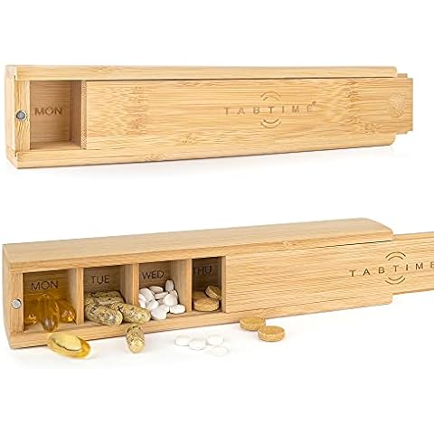 TabTime Bamboo Weekly Pill Box, 7 Day Pill Organiser, Perfect for Vitamins, Pills and Supplements Cover