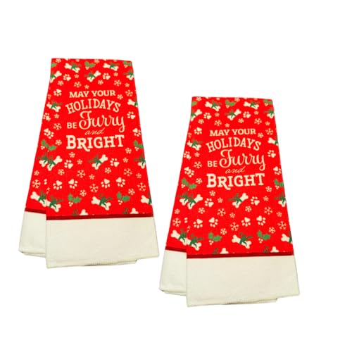 (2) Xmas Red Winter Kitchen Bathroom Hand Dish Towel Sets 15x25 100% Polyester Gifts Matching Decorative Set Fall Holiday Home Decor Cute Cooking Baking Drying(May Your Holidays Be Furry and Bright)