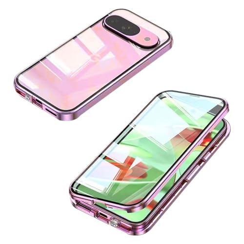 LIUKM Funda para Google Pixel 9/9 Pro - Protección 360° con Adsorción Magnética, Cristal Templado Frontal y Posterior, Marco de Metal Cover para Google Pixel 9/9 Pro - Rosa