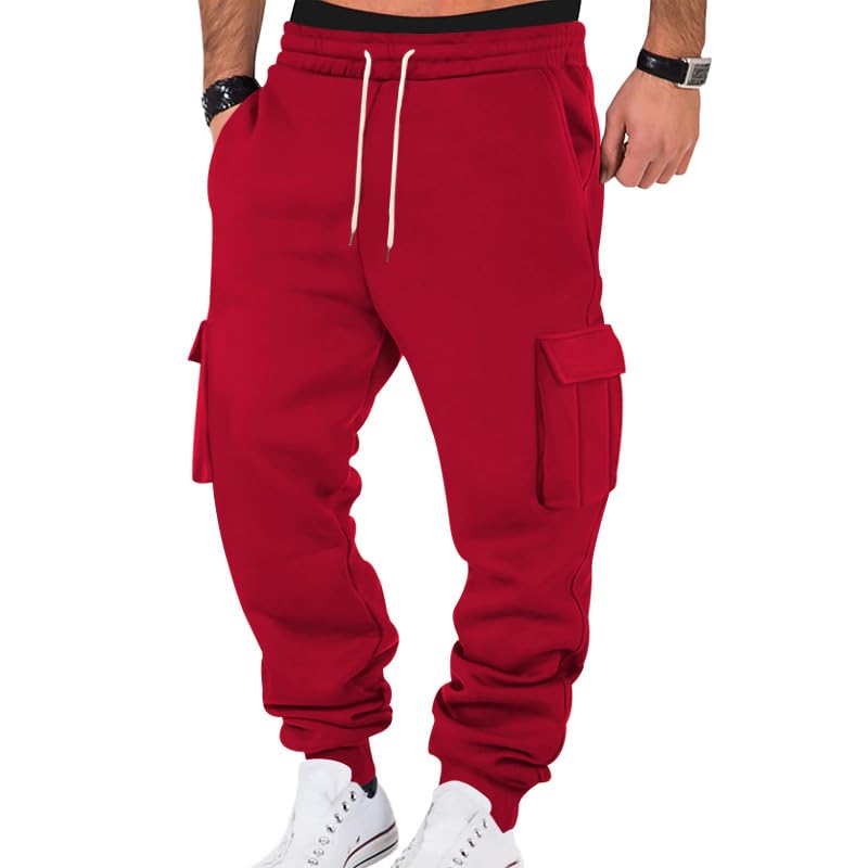 Mens Fleece Cargo Sweatpants Heavyweight Elastic Waist Pants with Pockets Baggy Drawstring Jogger Pants