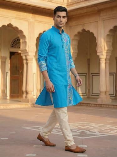 Image of Men's Jamdani Printed Kurta Pajama Set | Pure Cotton Ethnic Kurta with Mandarin Collar & Dupion Silk Pyjama | Festive & Weddings 303A12A 303SB12B(M XXL)