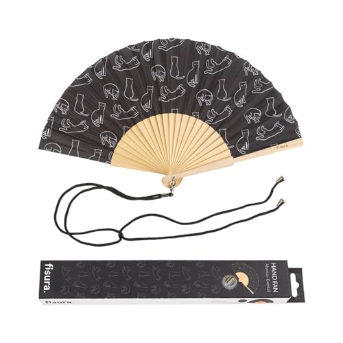 Fisura – Abanico original con estampado juvenil. Abanico de madera moderno y colorido. Medidas: 42,5 x 23 cm. Materiales: Madera y textil. (Gatos, negro)