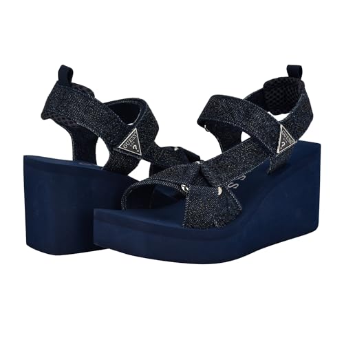 Image of Guess Women's DAWSIN Wedge Sandal, Black Denim Rhinestone Logo 400, 10