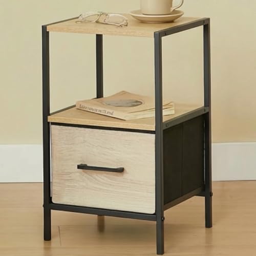 CASABEL Table de Chevet avec tiroir en Tissu renforcé, Plateau en Bois et Cadre métal Noire, 30×30×50cm, Table de Nuit pour Chambre ou Tables d’appoint...