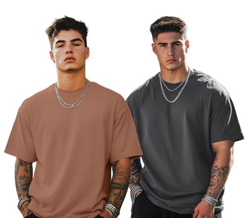 Image of Veirdo Solid Oversized 100% Pure Cotton Combo T-Shirt for Men & Boys (Half Sleeves, Round Neck, Drop Shoulder, Baggy Fit, Pack of 2, Available in S to 2XL
