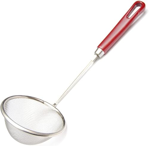 Mini colador de malla de acero inoxidable de 3 pulgadas de diámetro con mango antideslizante y gancho