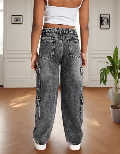 Girls Jeans Wide Leg Cargo Denim Pants with Flap Pockets Asymmetrical Waist Baggy Casual Y2K Outfit 7-14 Years2