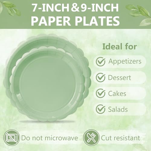 Image of 100 Pcs Sage Green Paper Plates and Napkins Disposable Set for Baby Shower