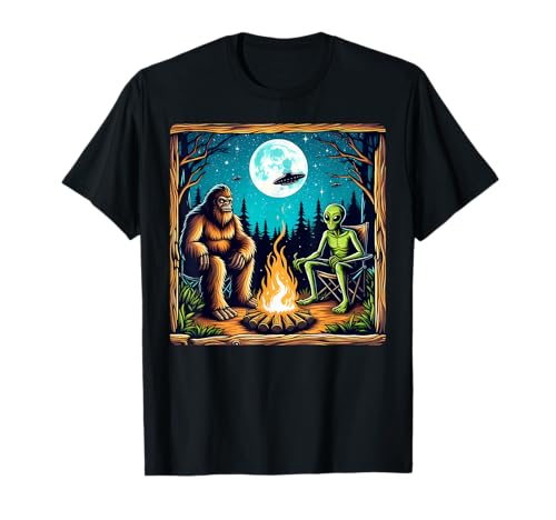 Bigfoot With Alien At The Campfire, Funny Sasquatch T-Shirt