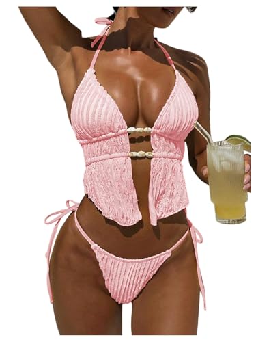 Image of RoseSeek Women's 2 Piece Boho Polka Dots Beaded Bikini Sets Sexy Swimsuits | Halter Swimsuits, Backless, Textured, Tie Side, Tankini Set, Bathing Suits, Summer, Vacation