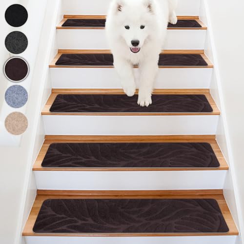 Homwiz Tapis d'Escalier Antidérapant, Lot de 15 Marchettes d'Escalier Autocollantes Intérieur, Moquette Escalier Réutilisable Découper pour Protéger Animaux, Seniors, Enfants (Marron Foncé, 55x19 cm)