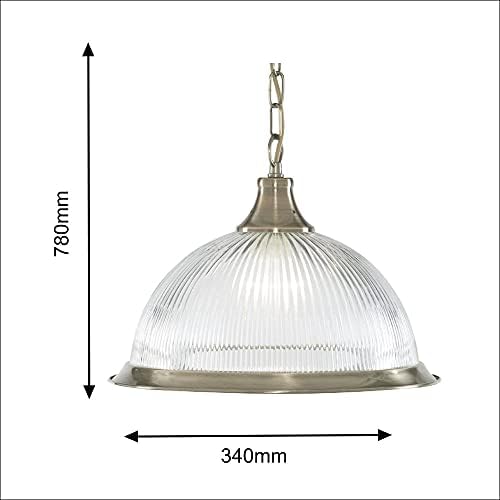 Antique Brass & Clear Ribbed Glass Dome Vintage Pendant Ceiling Light | 34cm Diameter | 1 x E27 ES Lamp Bulb Required (Not Included) | American Diner Retro Design