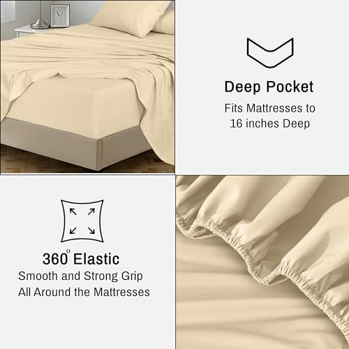 RUVANTI 100% Cotton Twin XL Sheet Sets, 3 Pieces, Soft & Breathable Percale Weave Bedding, Deep Pocket 16", Hotel Standard, Crisp Cool Feel, Durable, Perfect Size Dyed Sheets, Beige