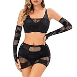 Kimfeng Lingerie Set for Women Sexy Two Piece Fishnet Rave Outfits (H352-Black, One Size)