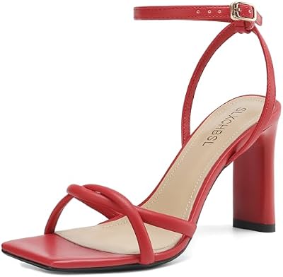 SLXCHBSL Chunky Heels for women, Strappy Square Open Toe Heeled Sandals