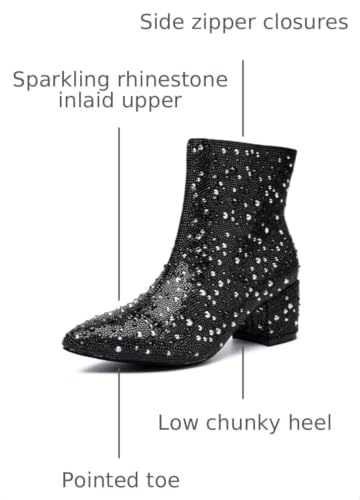 Image of YAYONE Rhinestone Zipper Sparkly Ankle Boots - Glitter Pointed Toe Fashion Comfortable Shoes, Pull on Chunky Heel Western Boots