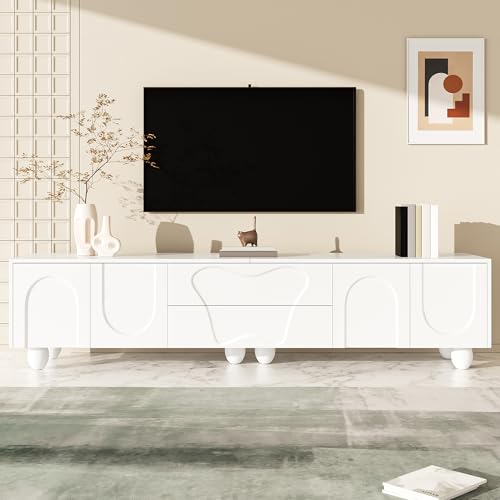 ModernLuxe TV Unit with 4 Doors & 2 Drawers, Stylish TV Stand Cabinet with Wooden Legs, Ample Storage Space, Unique Minimalist and Elegant Entertainment Center for Living Room, White, 180 × 40 × 42 cm