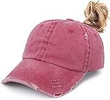 Leotruny Women Washed Cotton High Ponytail Baseball Cap (C06-Distressed Red)