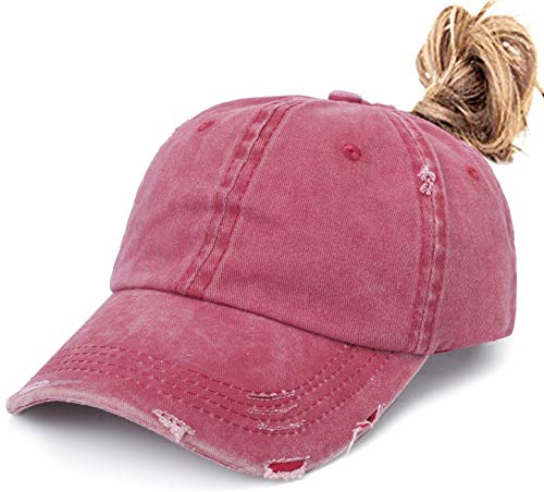 Leotruny Women Washed Cotton High Ponytail Baseball Cap (C06-Distressed Red) #TOP15