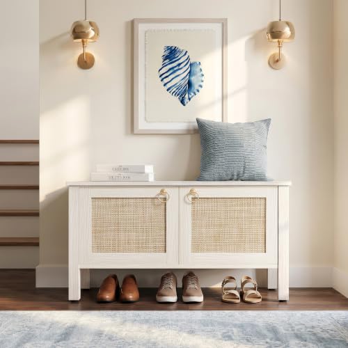 Image of SICOTAS Rattan Storage Bench Boho Storage Chest with 2 Safety Hinges | Wood Storage Truck Box for Bedroom, Living Room, Entryway, Supports 220 lb, White Oak