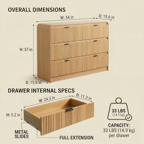 Image of FURSUN Fluted 6 Drawers Dresser for Bedroom, 54 inch Wide Wooden Dresser with Metal Handle, Curved Profile Design, Modern Storage Organizer for Bedroom, Living Room, Hallway, Natural Oak
