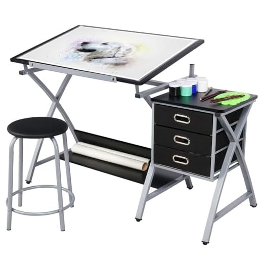 Yaheetech Mesa de Dibujo con Taburetes Mesa Inclinable Altura Ajustable Mesa Escritorio con 3 Cajones para Artista de Pintura Arquitecto