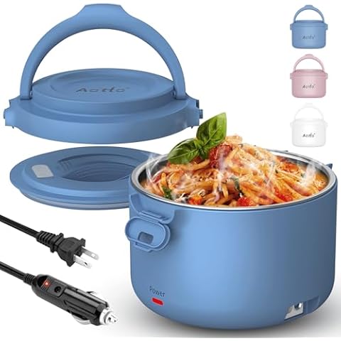 Aotto Electric Lunch Box, 32 oz Portable Food Warmer Heater, Lunch Warmer Portable for Work/Office/Car/Travel 12V/24V/110V 3-in-1, Warming Soup & Meal, Spill-Free, Men & Women's Gifts, Blue Cover