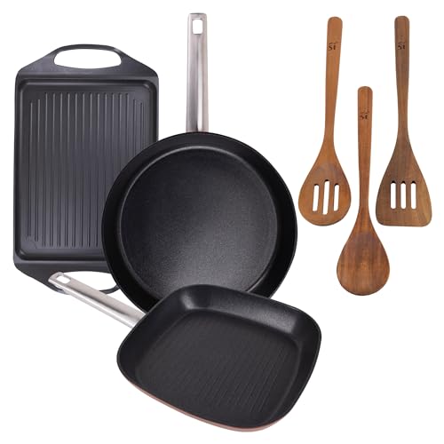 San Ignacio AGROS Pack cocina 4 Pzs - Plancha asador 34x26cm, Sartén Ø30cm, Grill cuadrado 24cm y Set 3 Utensilios de madera de acacia