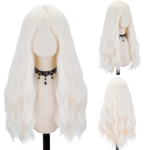 FREE BEAUTY Platinum Wig with Bangs for Women Long Black Wavy Wigs 26 Inch Natural Platinum Wigs Natural Looking Heat Resistant Synthetic Wig for Daily Party Use