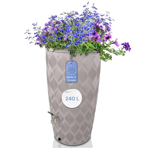 YourCasa Regentonne 240 Liter [Seabreeze] Regenfass Frostsicher aus Kunststoff - Regenwassertonne - Wasserfass Regenwassertank Wassertonne für Garten - Regentonne schmal (Creme Ohne Wasserhahn)