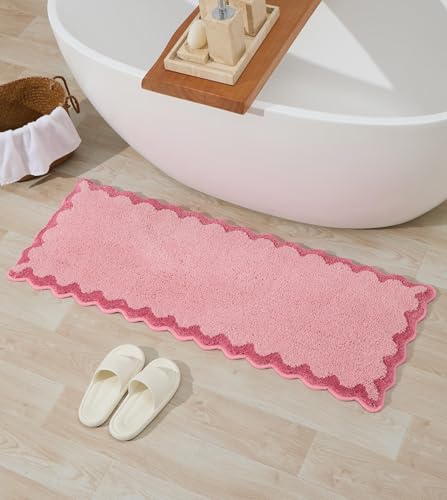 ORTIGIA Long Cute Scalloped Bathroom Rugs Runner, Fun Candy Pink Plush Microfiber Scallop Bath Mats Non Slip Washable Quick Dry Absorbent, Rug Carpet for Bathtub Sink Laundry Room Bedroom, 17x47