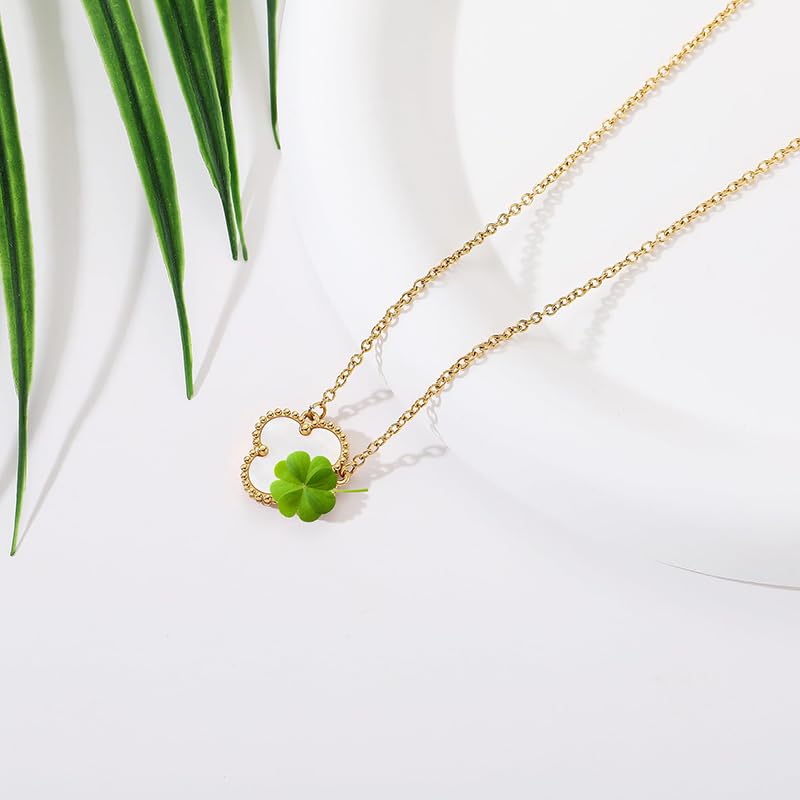 18K Gold Plated Clover Pendant Necklace for Women, Dainty Leaf Pendant Necklace Minimalist Lucky Charm Jewelry Gift (White)2