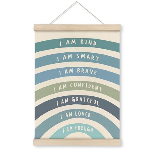 Image of HRQKO Blue I Am Kind Smart Inspirational Poster Hanger Frame, Boho Rainbow Wall Art with Wooden Frames, Positive Affirmation Hanging Decor for Nursery Toddler Room, Mental Health Decor, 12x16 inch