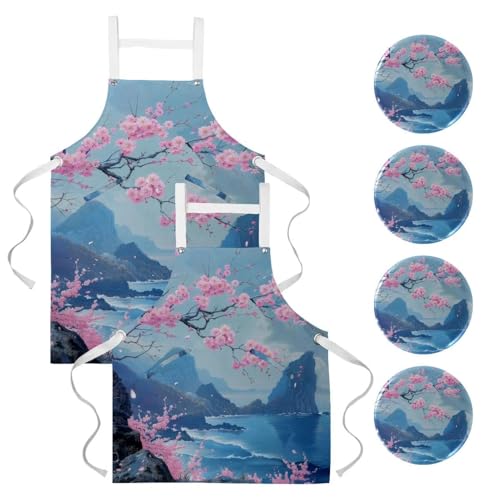Lot de 2 tabliers de cuisine multicolores avec 4 broches motif cerisier