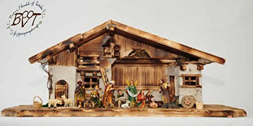 ÖLBAUM-Krippe,XXL Holz-Weihnachtskrippe, mit Premium-DEKOSET mit Krippen-Tieren Schafe und Ziegen,...