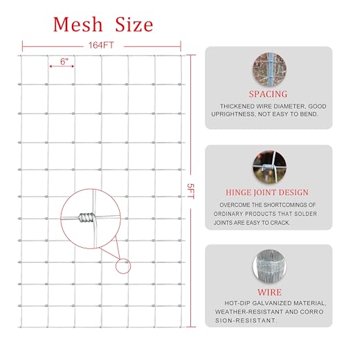 Livestock Fence, 5ft x 164ft Galvanized Cattle Fence, Deer Fence,Heavy Zinc Coating Wire Fencing,Farm Fence for Hog Goat Horse by Gardenova - Image 3