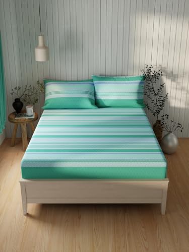 Image of KOPA Extra Smooth Cotton Double Bedsheet with 2 Pillow Covers -3pc Set (Lopez) | Extra Smooth Cotton | 1 Double Bedsheet with 2 King Size Pillow Covers Stripe-Green /Teal