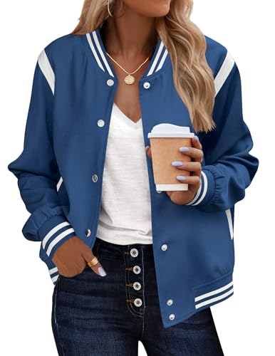 Zeagoo Women's Varsity Jacket Lightweight Bomber Jackets Button-up Casual Moto Fashion Baseball Outwear Concert Outfits Blue