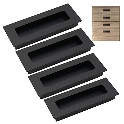 Dreneco 4pcs Aluminium Alloy Recessed Handle Sliding Door Cupboard Wardrobe Flush Pull Hidden Handles Black (Hole Distance 128mm)