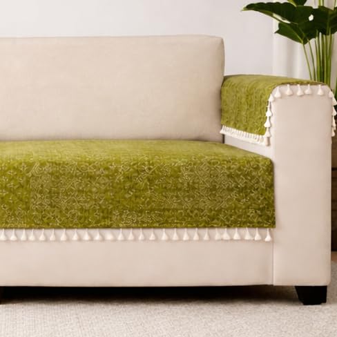 Image of STITCHNEST Woven Fabric Sofa Cover 3 Seater with 2 Hand Rest Covers - Washable Green Sofa Cover with Tassels - Durable Premium Fabric - Stylish Sofa Protector for Living Room & Furniture Decor6