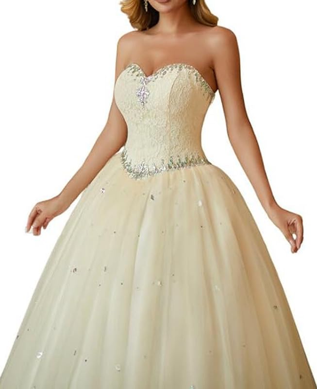 Image of Likedpage Strapless Ball Gown with Colorful Rhinestones, Lace Bodice Floor Length Wedding Prom Dress
