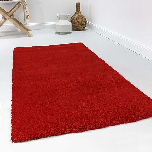 Wecon Home Esprit - Alfombra de lana virgen de pelo largo y moderna para salón, dormitorio o estudio, color rojo (90 x 160 cm), color rojo
