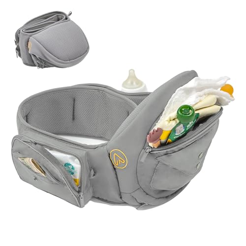 Baby Hip Carrier Stress Relief Expert, Ergonomic and Comfortable Baby Carrier with Hip Seat, Foldable Baby Carrier Newborn to Toddler with Adjustable Waistband and Multiple Pockets Up to 55lbs, Grey